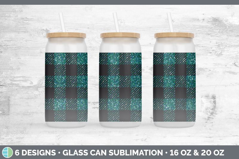 teal-buffalo-plaid-glass-can-sublimation-beer-mason-jar