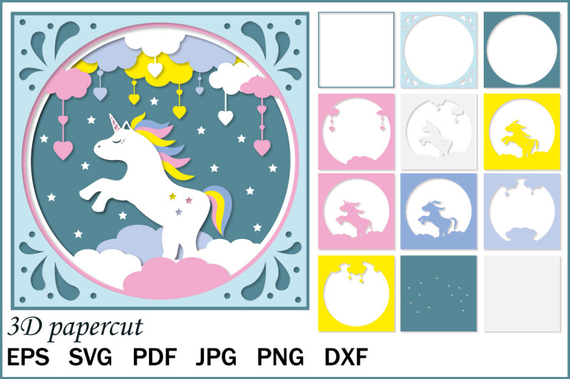 unicorn-multilayer-3d-postcard-svg-shadow-box