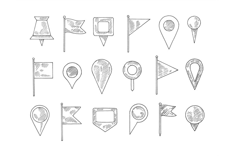 hand-drawn-pin-and-flag-doodle-navigation-pins-sketch-location-marke