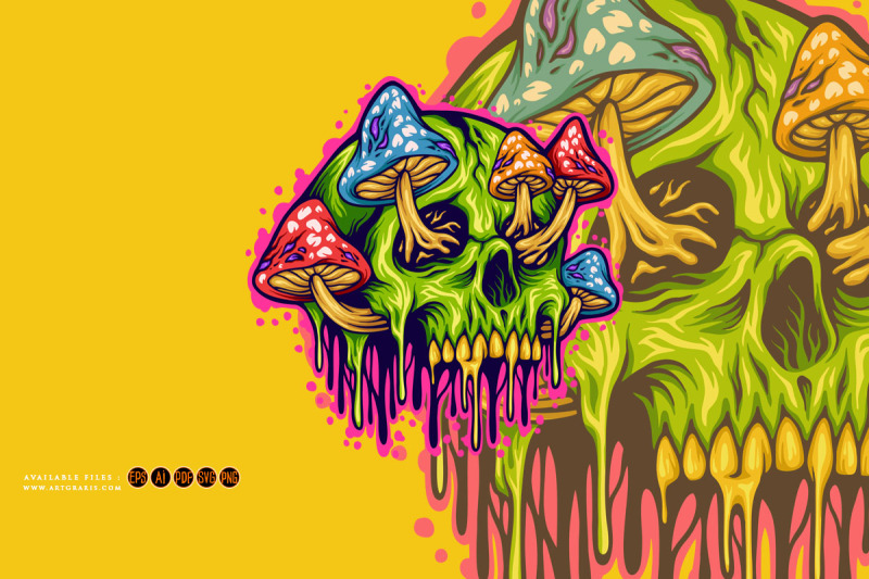 magic-mushrooms-skull-colorful-illustrations