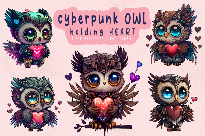 cyberpunk-cute-chibi-owl-holding-heart-clipart-bundle