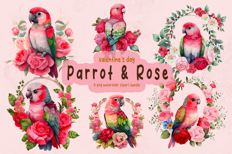 valentine-parrot-amp-rose-watercolor-clipart-bundle