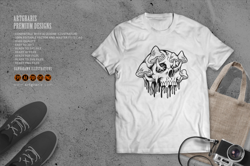 psychedelic-magic-mushrooms-skull-monochrome