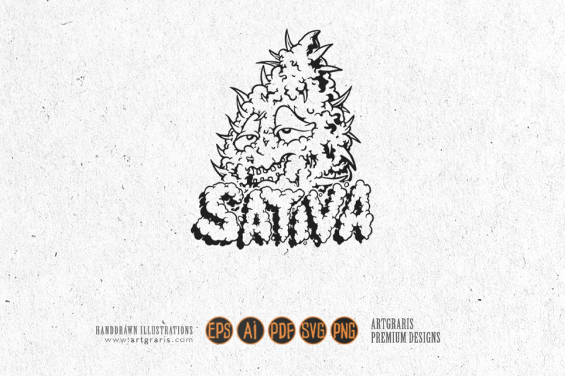 marijuana-leaf-hand-lettering-word-sativa-silhouette