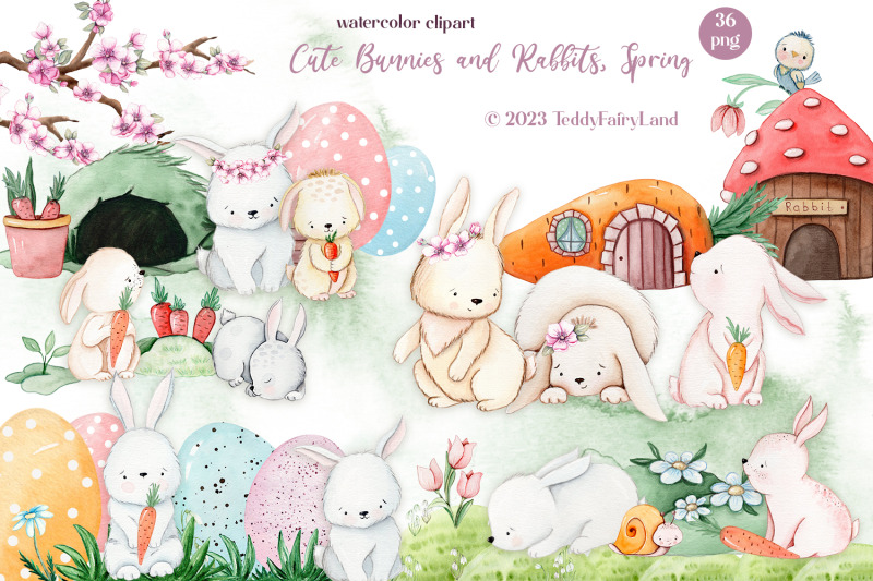 cute-easter-watercolor-clipart-bunny-flowers-spring-animal