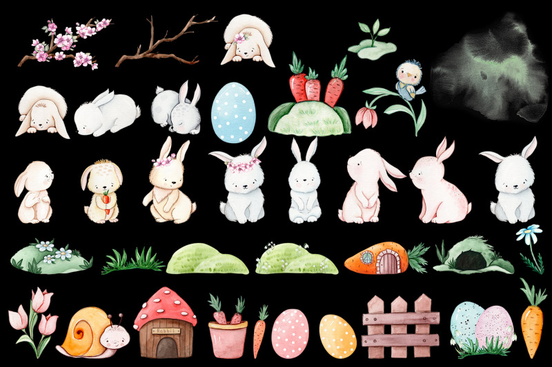 cute-easter-watercolor-clipart-bunny-flowers-spring-animal