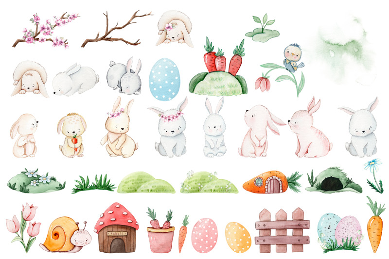 cute-easter-watercolor-clipart-bunny-flowers-spring-animal