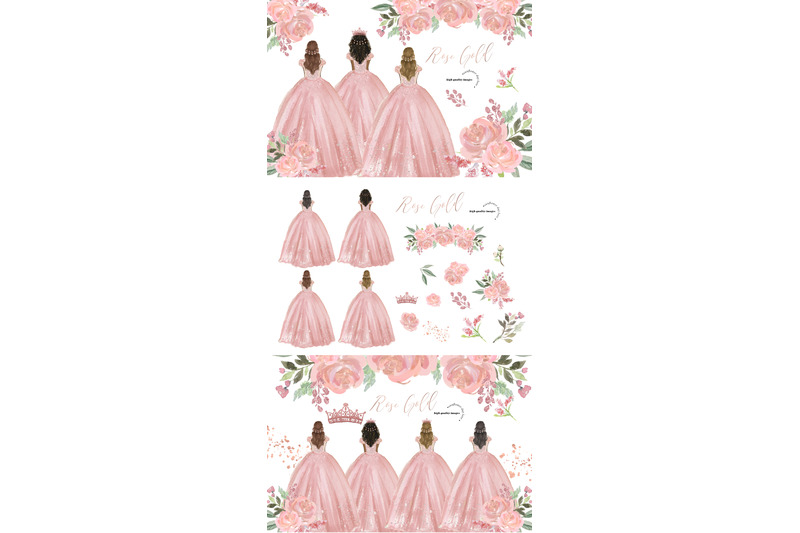 rose-gold-princess-dresses-quinceanera-clipart-rose-gold-flowers