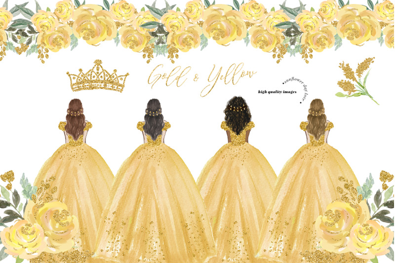 gold-amp-yellow-princess-dresses-quinceanera-clipart
