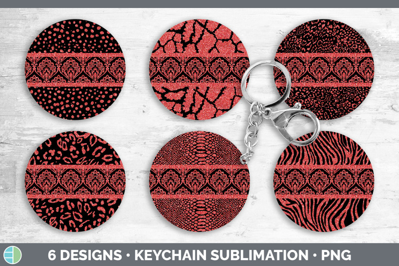 red-damask-keychain-bundle-glitter-animal-print-keyring-sublimation