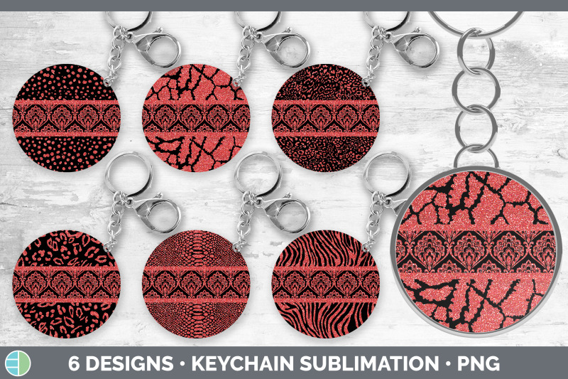 red-damask-keychain-bundle-glitter-animal-print-keyring-sublimation