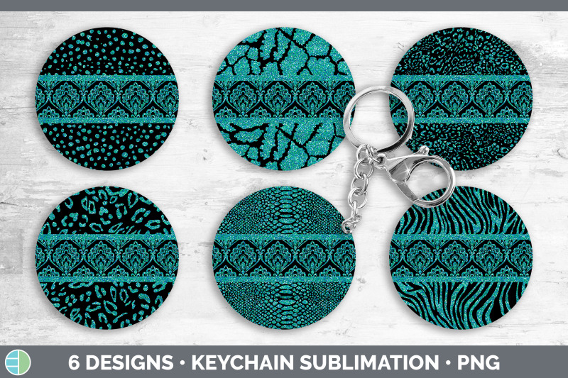 teal-damask-keychain-bundle-glitter-animal-print-keyring-sublimation