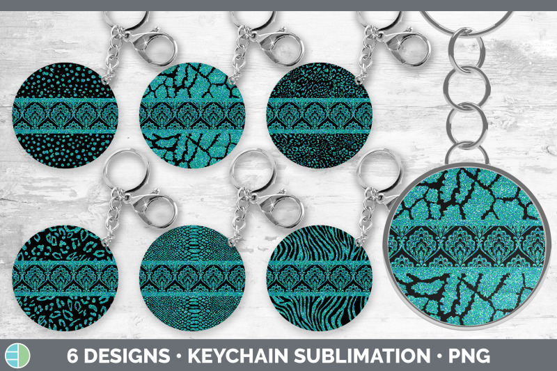 teal-damask-keychain-bundle-glitter-animal-print-keyring-sublimation