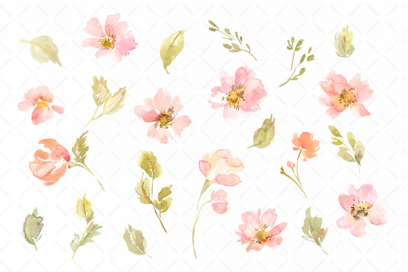 watercolor-pink-flowers-green-leaves