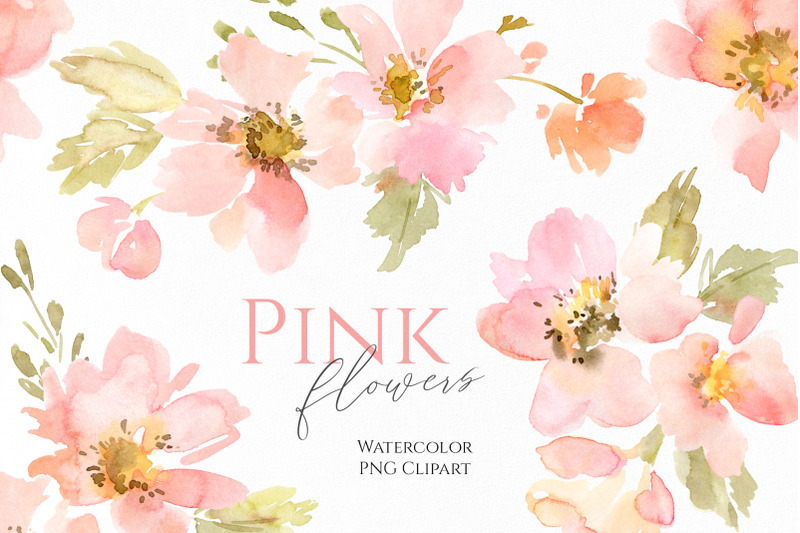 watercolor-pink-flowers-green-leaves