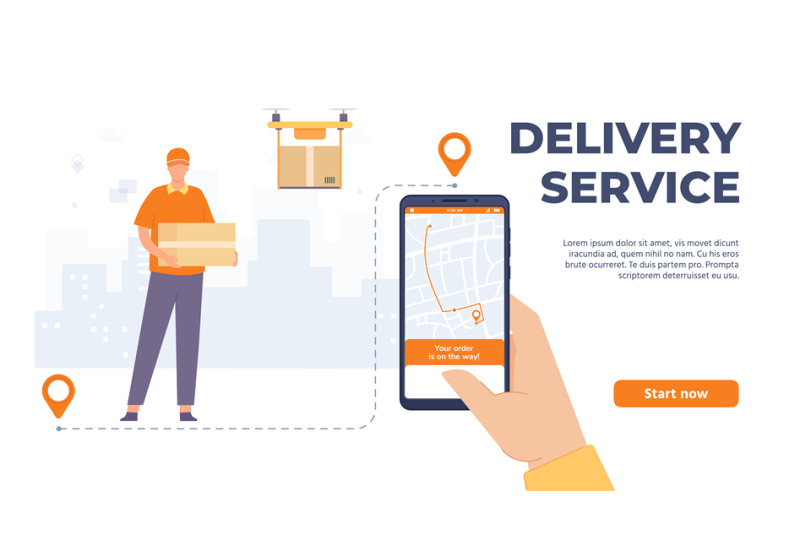 delivery-service-application-man-courier-in-uniform-holding-box-dron