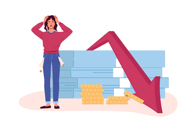 financial-crisis-poor-depressed-woman-standing-near-falling-arrow-and