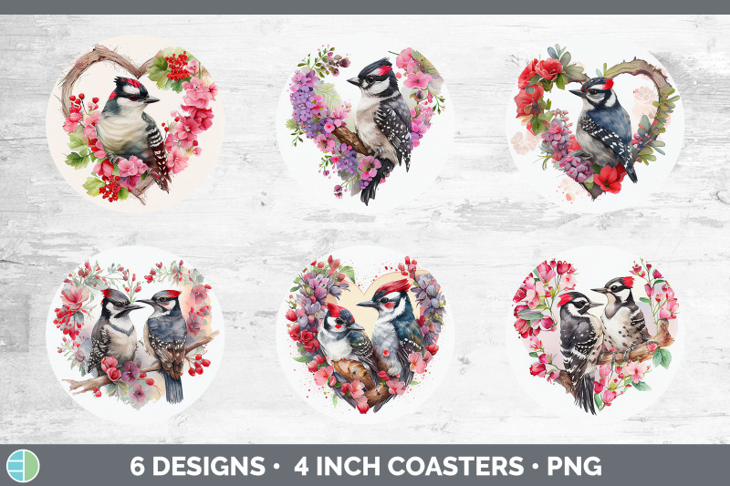 valentines-downy-woodpecker-round-coaster-sublimation-designs-bundle