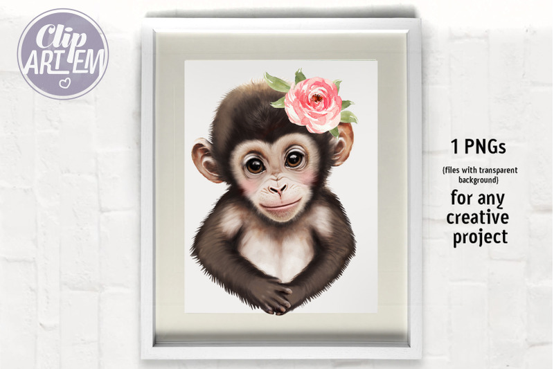 baby-girl-monkey-with-flower-in-head-watercolor-1-png-image-clip-art