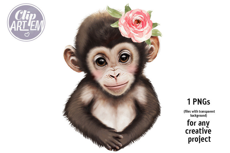 baby-girl-monkey-with-flower-in-head-watercolor-1-png-image-clip-art