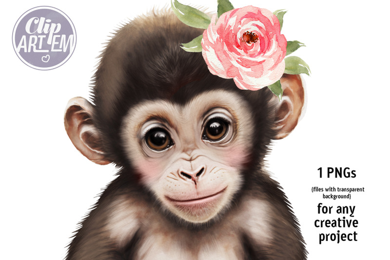 baby-girl-monkey-with-flower-in-head-watercolor-1-png-image-clip-art