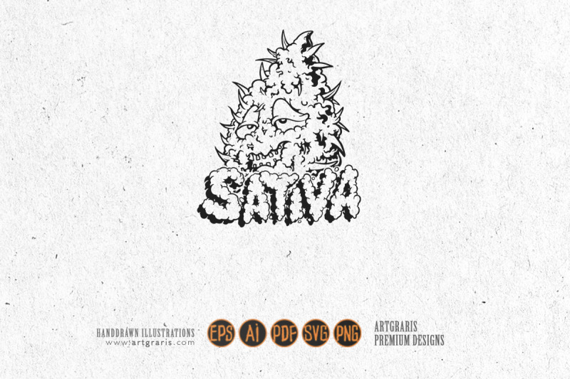 cannabis-leaf-sativa-hand-lettering-text-monochrome