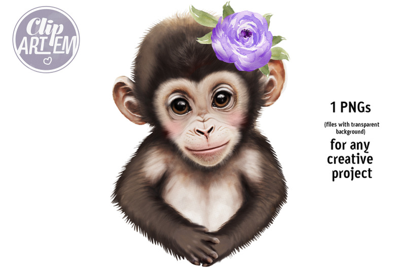 baby-girl-monkey-with-purple-flower-watercolor-image-1-png-clip-art