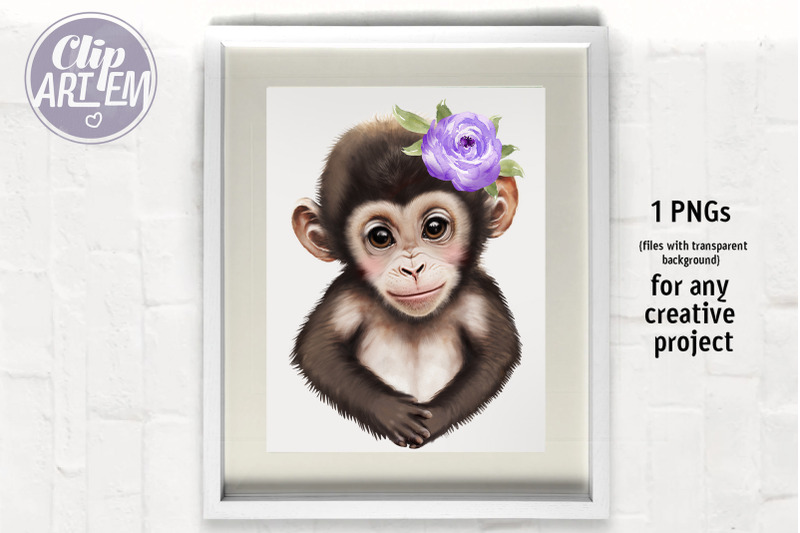 baby-girl-monkey-with-purple-flower-watercolor-image-1-png-clip-art