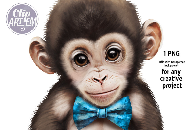 baby-boy-monkey-with-bow-tie-blue-brown-watercolor-image-png-clip-art