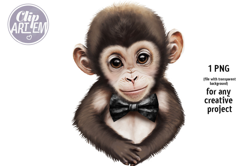 monkey-with-black-bow-tie-baby-animal-image-watercolor-clip-art-png