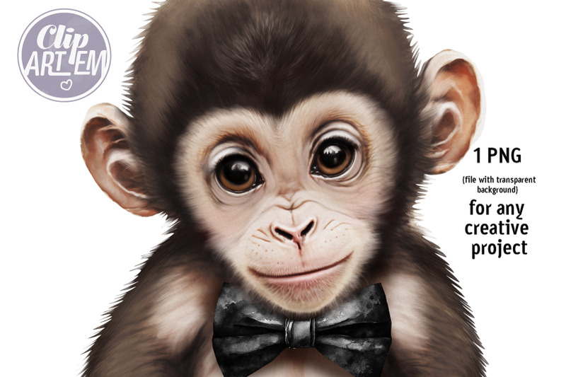 monkey-with-black-bow-tie-baby-animal-image-watercolor-clip-art-png