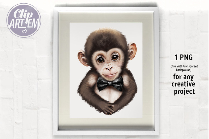 monkey-with-black-bow-tie-baby-animal-image-watercolor-clip-art-png