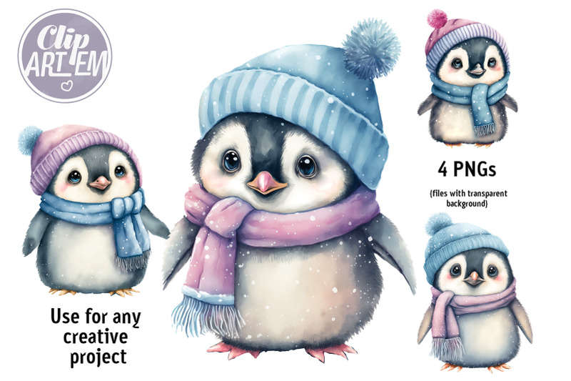 cute-winter-baby-penguins-with-hat-watercolor-clip-art-4-png-bundle