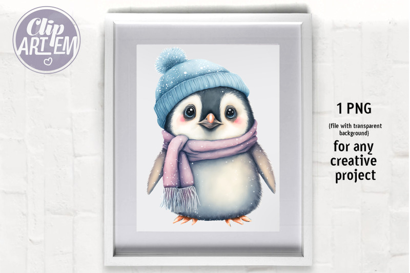 cute-winter-baby-penguins-with-hat-watercolor-clip-art-4-png-bundle