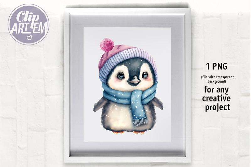 cute-winter-baby-penguins-with-hat-watercolor-clip-art-4-png-bundle