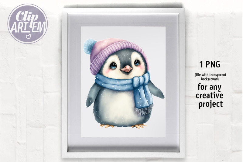 cute-winter-baby-penguins-with-hat-watercolor-clip-art-4-png-bundle