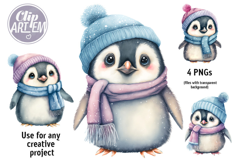 cute-winter-baby-penguins-with-hat-watercolor-clip-art-4-png-bundle