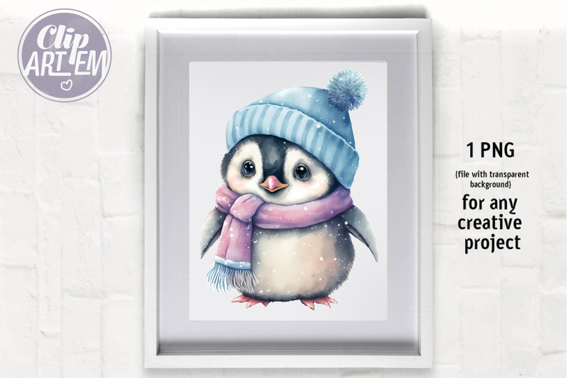 cute-winter-baby-penguins-with-hat-watercolor-clip-art-4-png-bundle