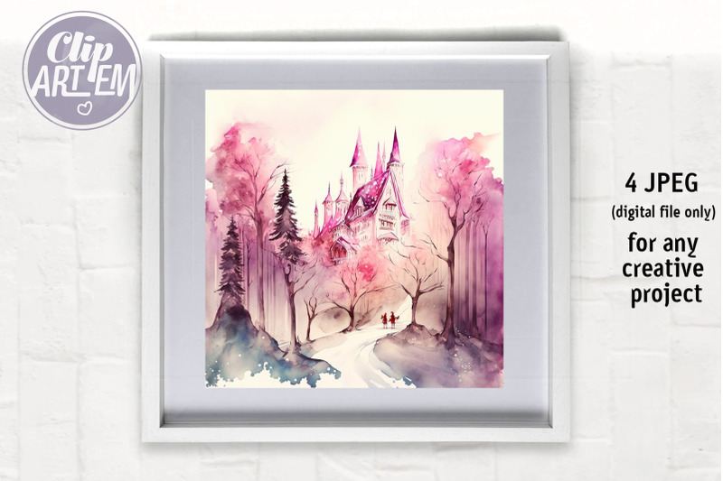 winter-wonderland-pink-castle-wall-art-watercolor-illustration-4-jpeg