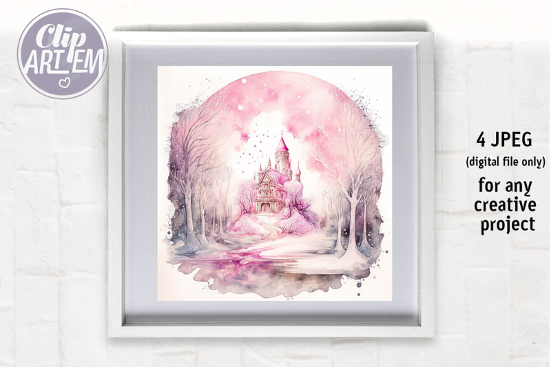 winter-wonderland-pink-castle-wall-art-watercolor-illustration-4-jpeg