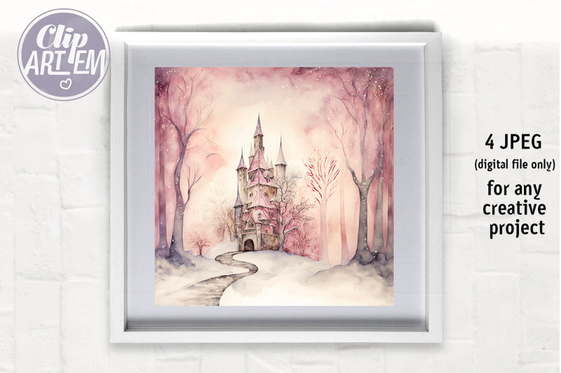 winter-wonderland-pink-castle-wall-art-watercolor-illustration-4-jpeg