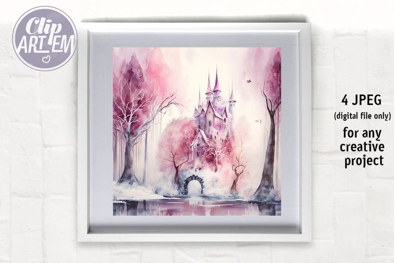 winter-wonderland-pink-castle-wall-art-watercolor-illustration-4-jpeg