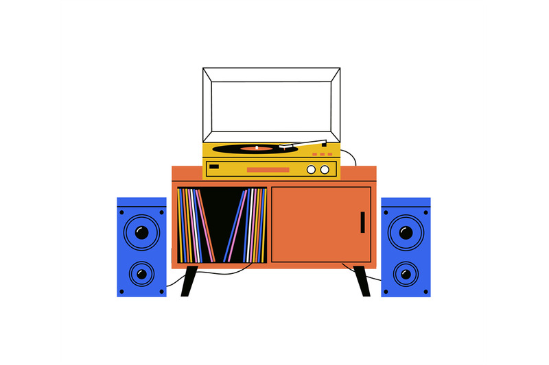 vinyl-player-cartoon-retro-analog-turntable-record-rotating-disk-on-s