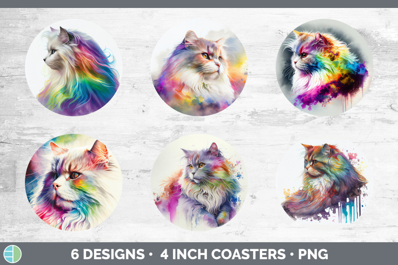 rainbow-angora-cat-round-coaster-sublimation-designs-bundle