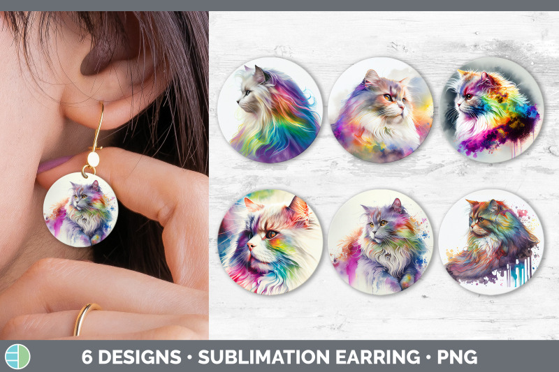 rainbow-angora-cat-round-earring-sublimation-designs-bundle