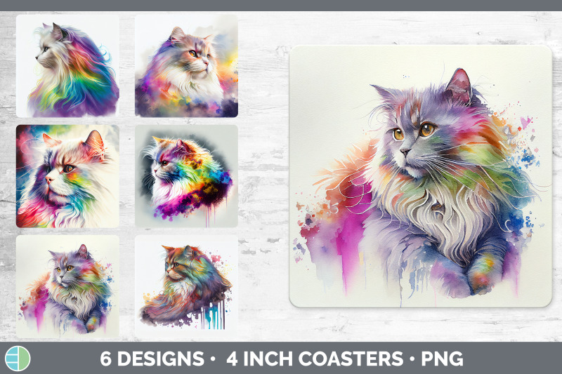 rainbow-angora-cat-square-coaster-sublimation-designs-bundle