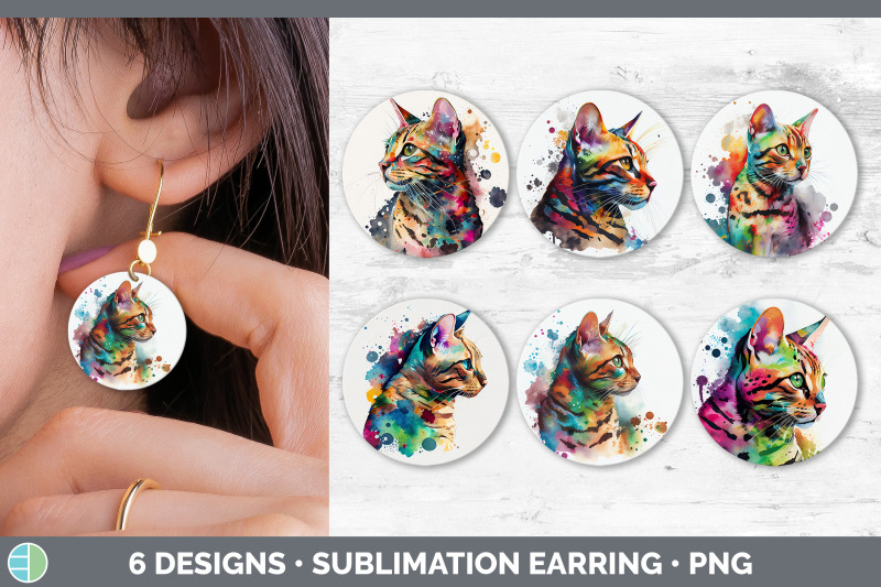 rainbow-bengal-cat-round-earring-sublimation-designs-bundle