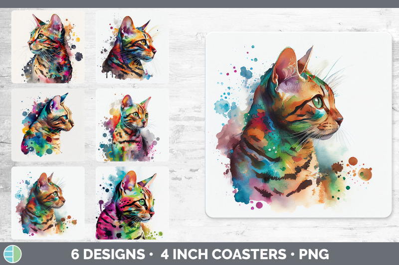 rainbow-bengal-cat-square-coaster-sublimation-designs-bundle