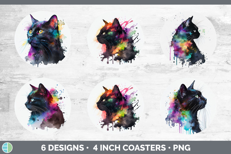 rainbow-black-cat-round-coaster-sublimation-designs-bundle