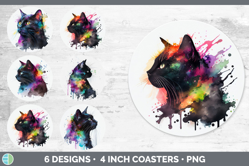 rainbow-black-cat-round-coaster-sublimation-designs-bundle